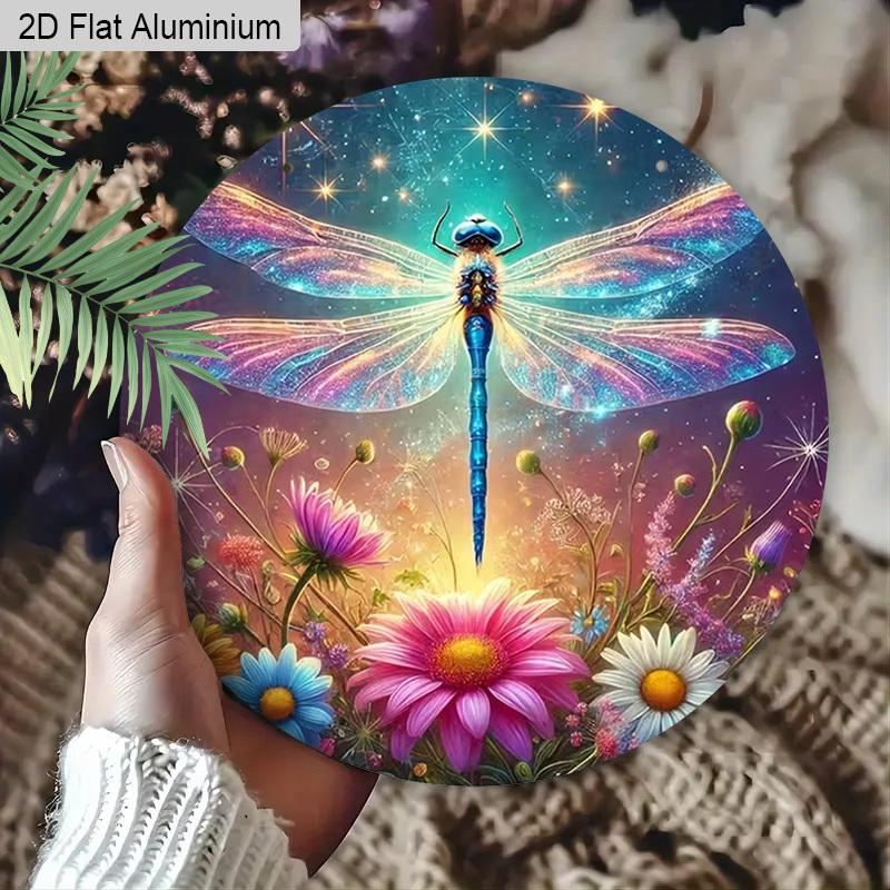 2D Flat Aluminum Colorful Dragonfly Metal Wall Decor Round Sign - Fantasy Garden Insect with Wildflowers & Starry Night Art - Whimsical Hanging