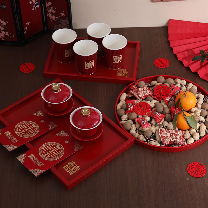 Solid Wood Wedding Tray Set for Fruit, Candy, & Tea Ceremony - Red Engagement Celebration Plate