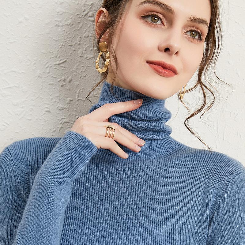 Autumn Winter Solid Color Turtleneck Bottomed Knitting Pullover Top Women Casual Fashion All-match Slim Sweater