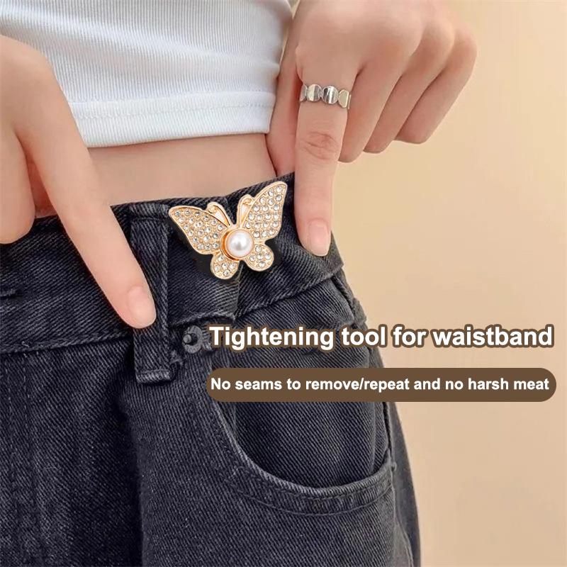 2Pcs  Shiny Diamond Butterfly Shape Adjustable Waist Buckle Jean Buttons Reusable Waist Cincher Clip For Clothing Dresses