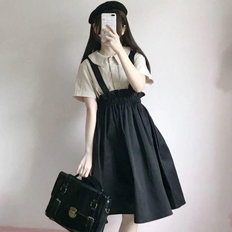 Costume d'étudiant doux japonais: Ensemble Jupe Bretelles Taille Haute + Chemise Manches Courtes