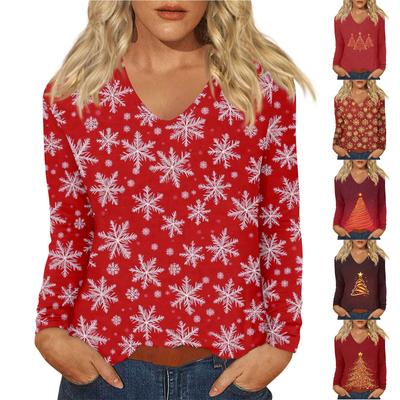 Damen Täglich Lässig Langarm Weihnachts-Print V-Ausschnitt Oberteil