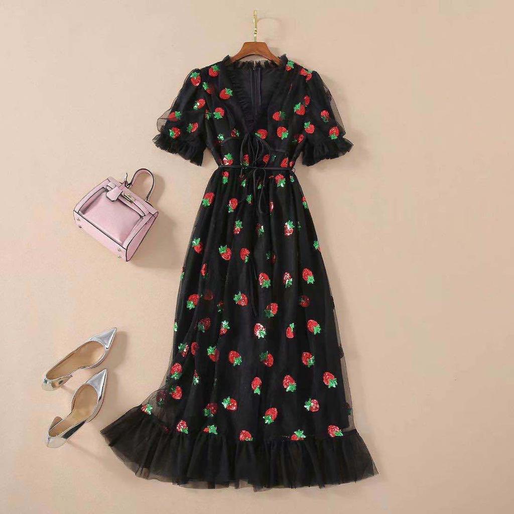 Abito da donna Abito con piega allacciata in rete con gonna lunga con paillettes bicolore francese fragola