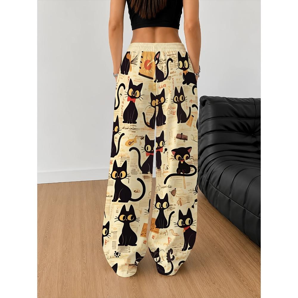 Women's fashion casual wide-leg pants cartoon black cat print slogan trousers drawstring elastic waist sweatpants