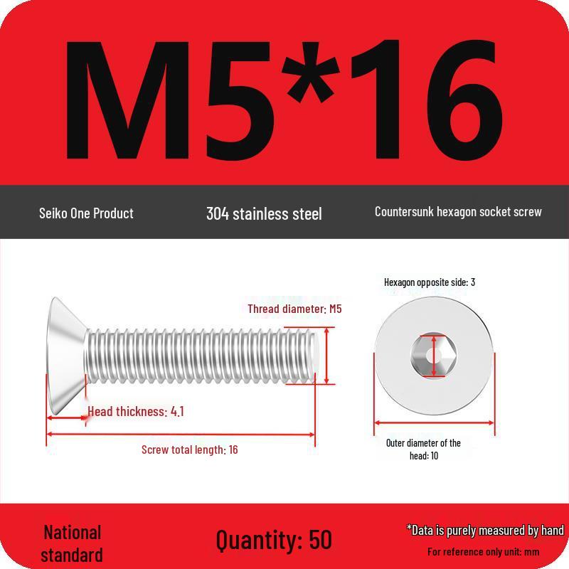 M2-M10 Stainless Steel Flat Head Machine Screws and Bolts Set, Countersunk Hex Socket Cap, 304 Grade.