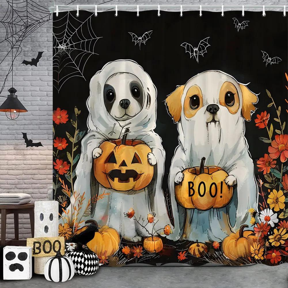 Funny Cat Halloween Shower Curtain Pumpkin Spider Animal Holiday Gift Polyester Curtains Bathroom Decor Hooks For Made Of