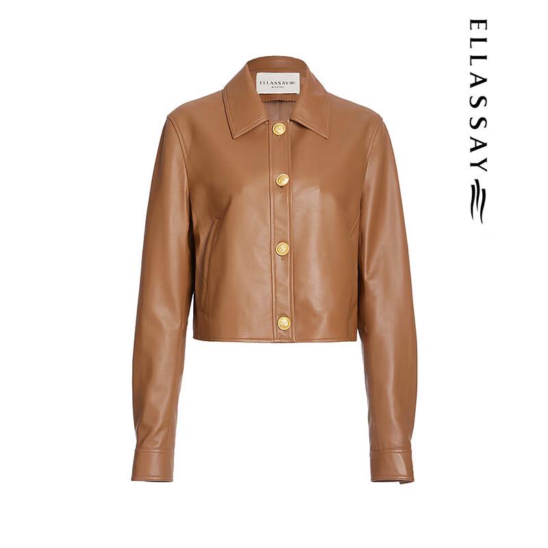 ELLASSAY Women's Retro Short Lapel Leather Jacket