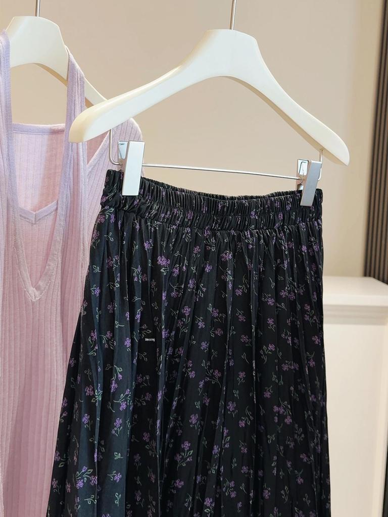 Korean Style Floral Print A-line Midi Skirt with Elastic Waist for Women - Spring 2026 Arrival