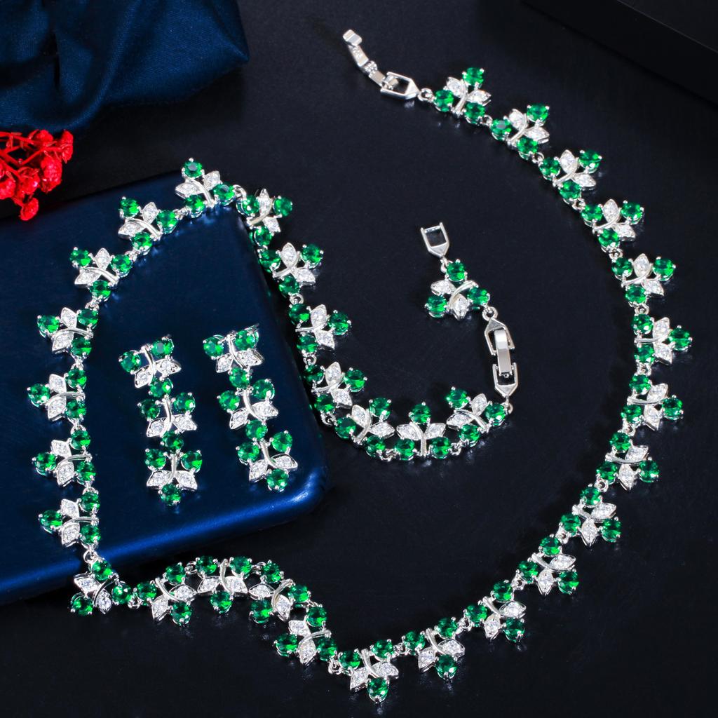 Trendy Zircon Leaf-Shaped Bridal Necklace Dress With Temperament Earrings Two-Piece Set