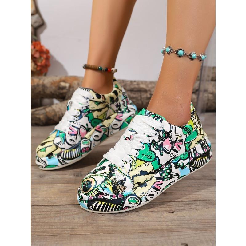 2025 New Arrival Oversized Sneakers with Colorful Letter Prints, Thick Soles, Lace-Up Round Toe, Sporty Style Women's Shoes