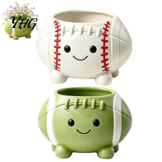 Creative Garden Ornament Rugby Ball Succulent Planter, Resin Small Flower Pot with Feet, Weatherproof Decor Cute Smiling Plant for Indoor Outdoor Home
