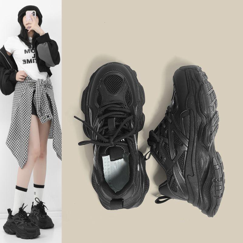 Pantofi negri de tată cu talpă moale, pantofi sport casual versatili pentru femei, noi de toamnă, cu talpă groasă care înalță