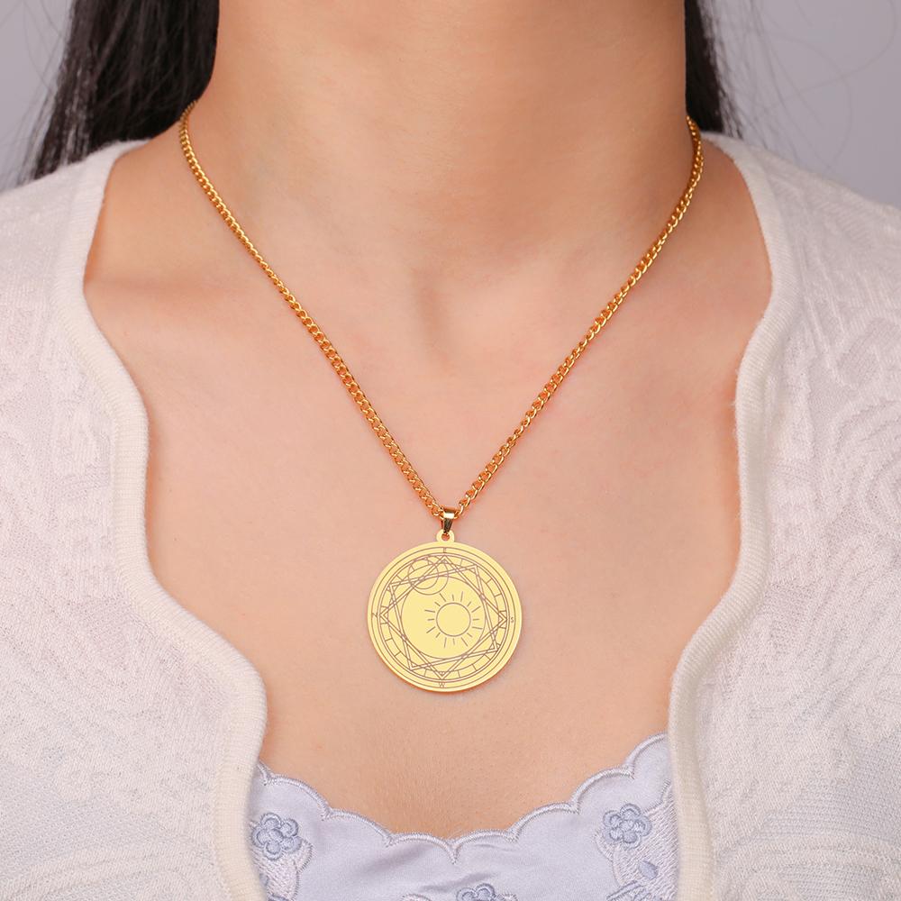 Dawapara Pentagram Crescent Necklace Sakura Magic Circle Sun Moon Star Magic Array Good Luck Amulet Stainless Steel Jewelry