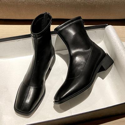 Fashion 2025 Chunky Med-High Heels Boots Women Zip Square Toe Chelsea Shoes Winter Solid Leather Botas Ankle Feminina Slim Botines Mujer