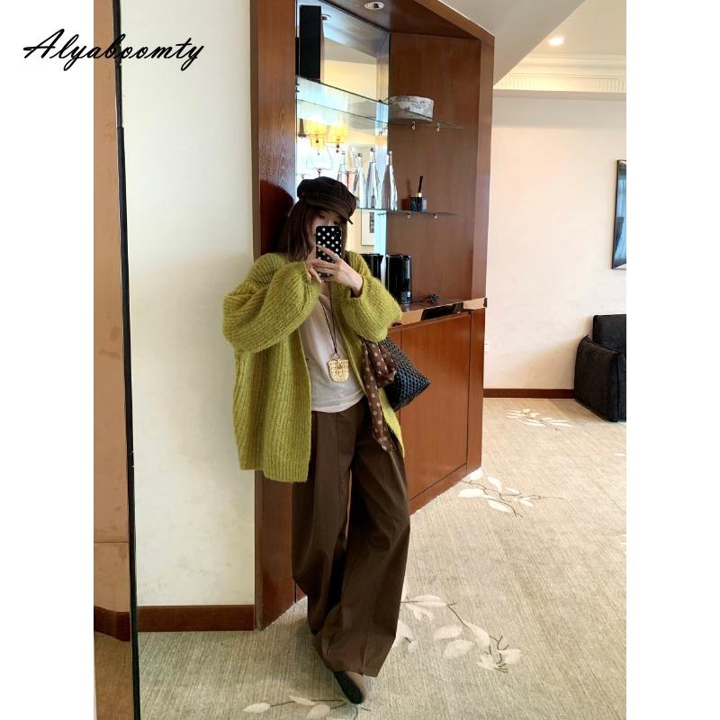 Korean Fashion Autumn Winter Women Thick Sweater Green Beige Brown Grey Knitted Cardigan Lantern Sleeve Casual Loose Oversized Knitting Outerwear