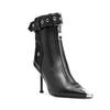 Women Red Pointed Toe High Heel Ankle Boots Metal Decoration Front Zipper Belt Buckle Fashion Short Boots For Autumn Winter