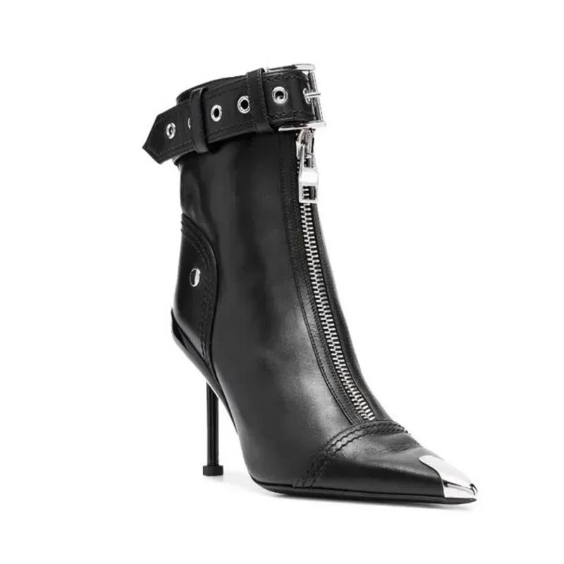 Women Red Pointed Toe High Heel Ankle Boots Metal Decoration Front Zipper Belt Buckle Fashion Short Boots For Autumn Winter