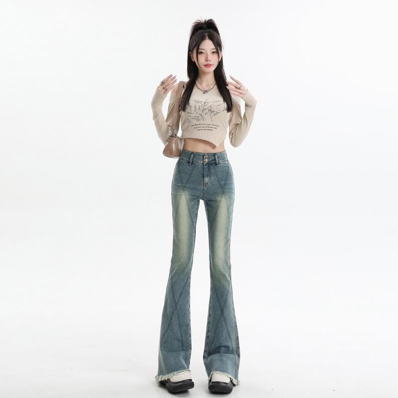 

Весна 2025 г., ретро-джинсы с высокой талией для женщин, расклешенные, с двумя пуговицами, эластичные, облегающие Small (S)