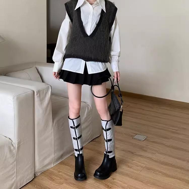 Meng Ziyi's same black and gray spliced knight boots for women's 2025 autumn and winter new belt buckle high boots long boots fashion boots