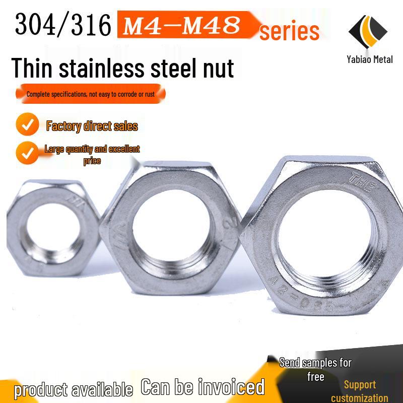 304/316 Stainless Steel Hex Thin Nut, GB6173/GB6172 Fine Thread, Flat Cap Nut, Sizes M4-M24