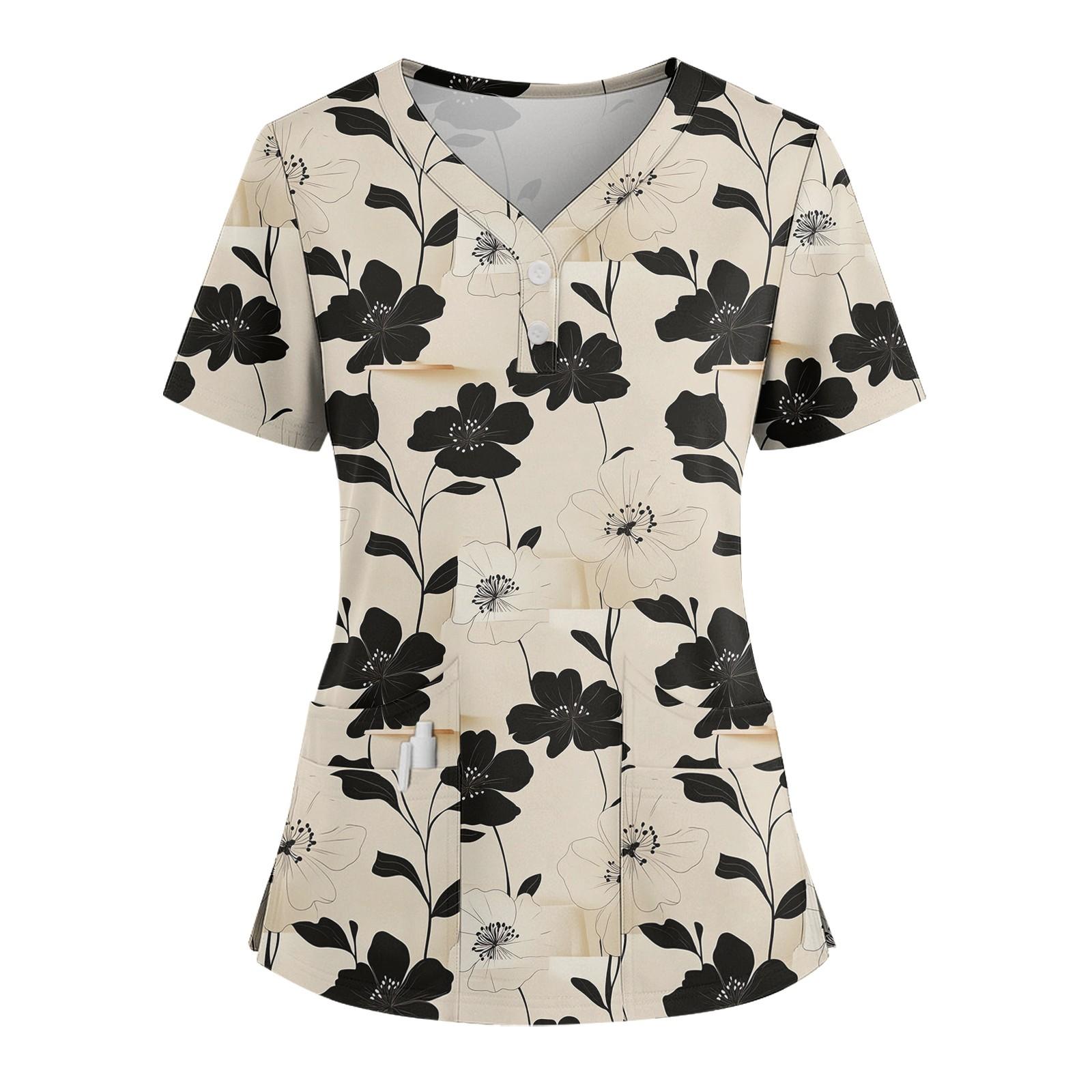 

Женская свободная футболка с коротким рукавом, модным принтом цветов и растений, V-образным вырезом, застегивающаяся на пуговицы, с боковым разрезом L бежевый