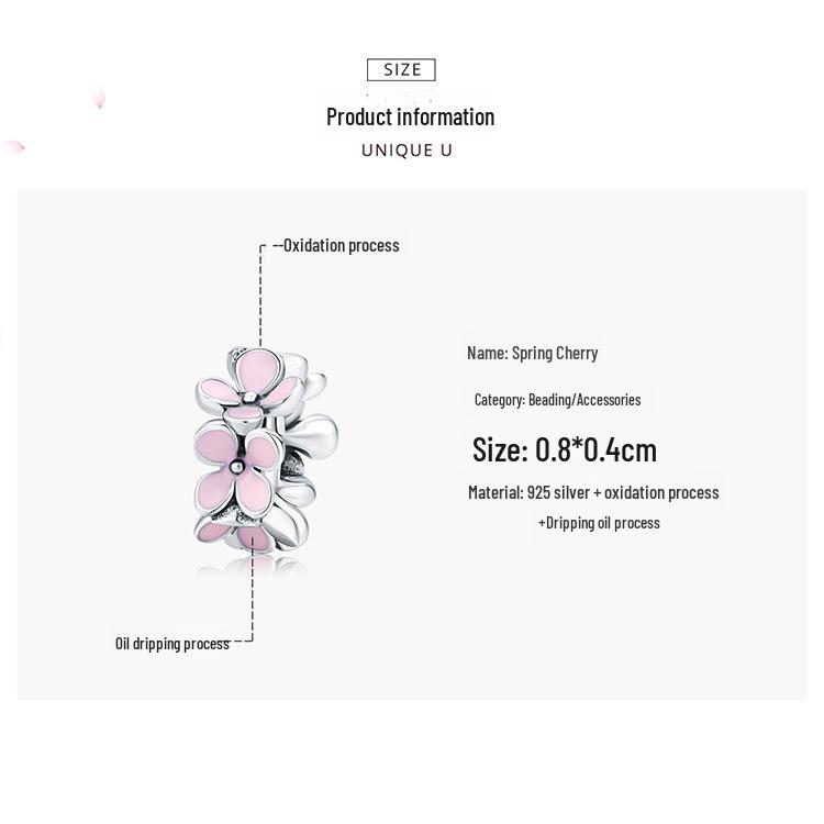 Sterling Silver Pink Four-Leaf Flower Beaded Bracelet Spacer Jewelry