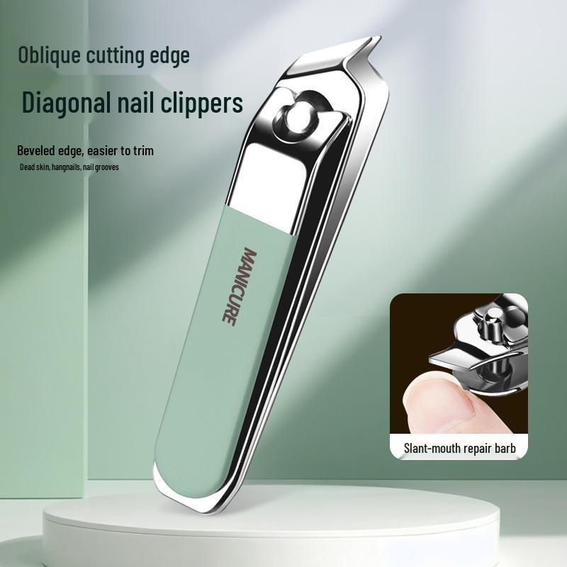 Matcha Green Nail Care Set: Anti-Splash Clippers, High-Grade Nail Tweezers, Eyebrow Tweezers, and Nose Hair Trimmer.