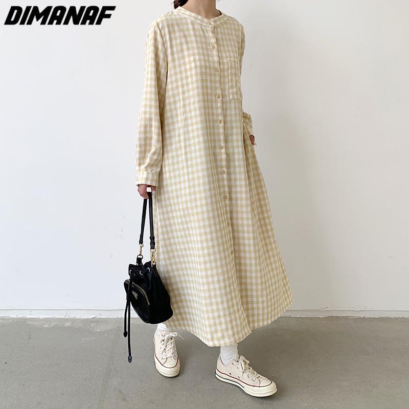 DIMANAF vestido de talla grande para mujer 2023 nuevo estilo de verano estampado a cuadros Maxi de gran tamaño cuello redondo básico suelto vestidos largos