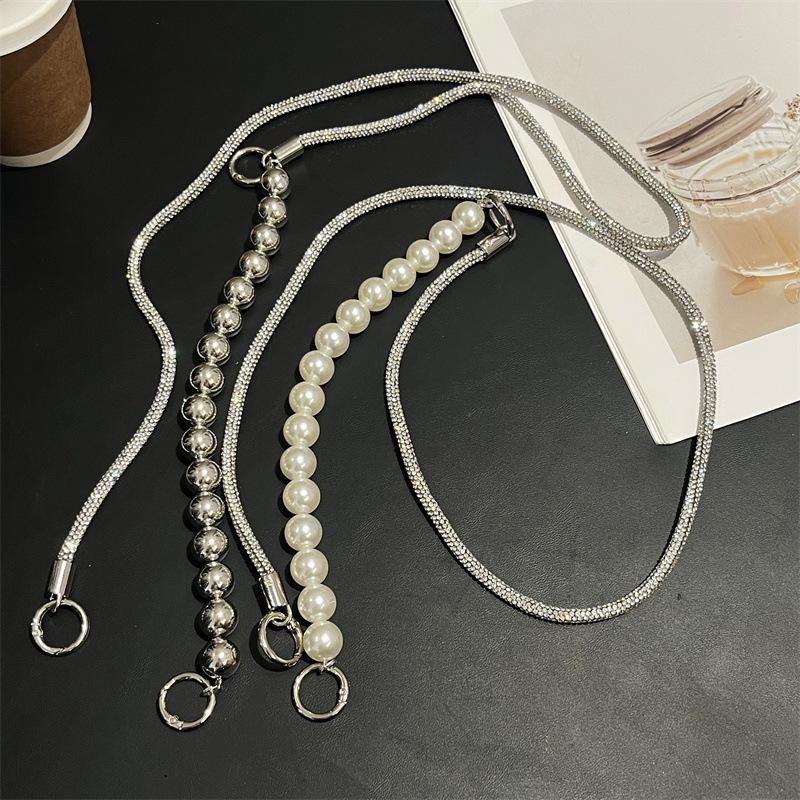 Pearl Silver Rhinestone Luxury Crossbody Phone Lanyard with Full Diamond Pendant, Wearable, Anti-Lost, Sturdy, Wrist Handheld.