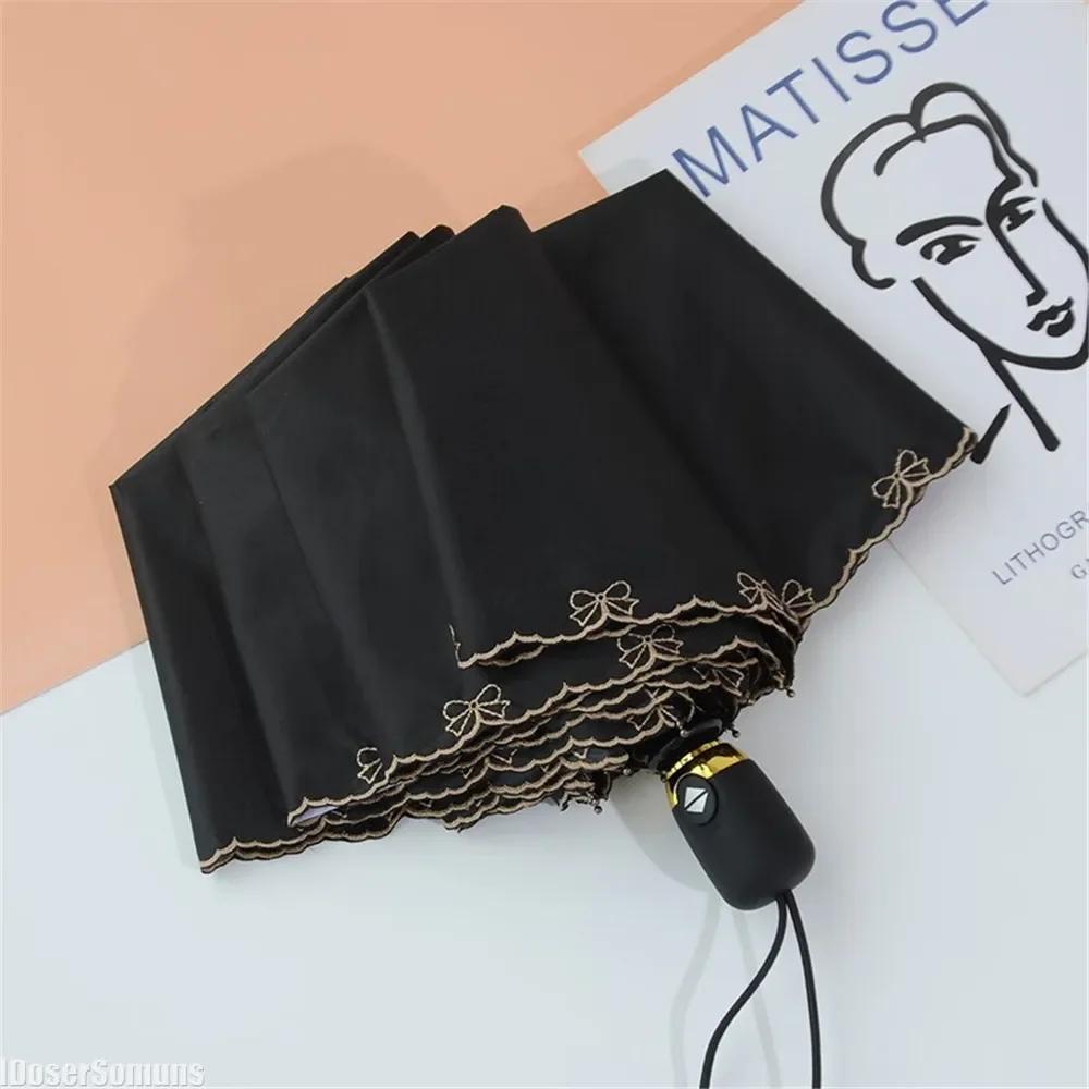 Embroidered Lace Three-Folding Automatic Umbrella Vinyl UV Protection Sunny and Rainy Dual Use Parasol Sun Shade Umbrella