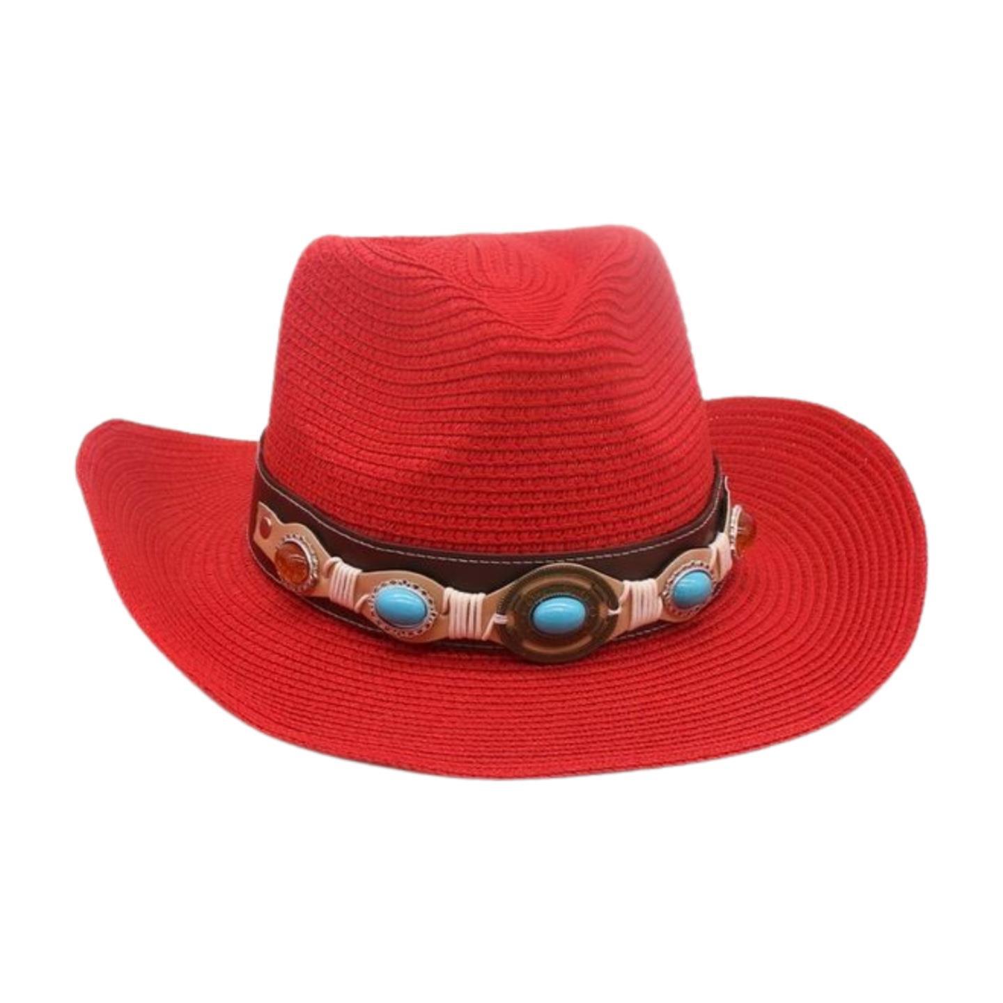 Breathable UV Protection Sun Protection Sun Hat Ethnic Style Woven Straw Western Cowboy Hat for Beach Seaside Travel Summer Vacation one size