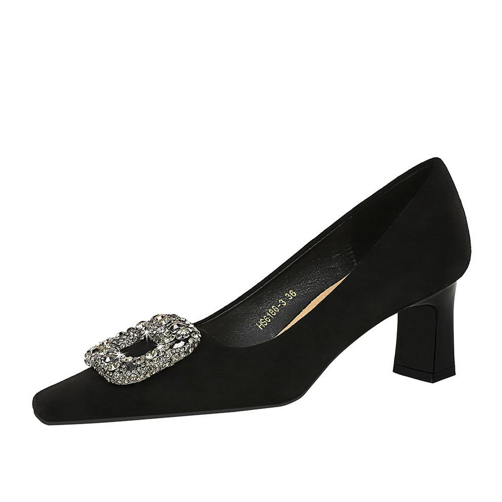 6186-K83 European and American banquet women's shoes versatile high heels thick heel high heel suede square head metal rhinestone buckle single shoes