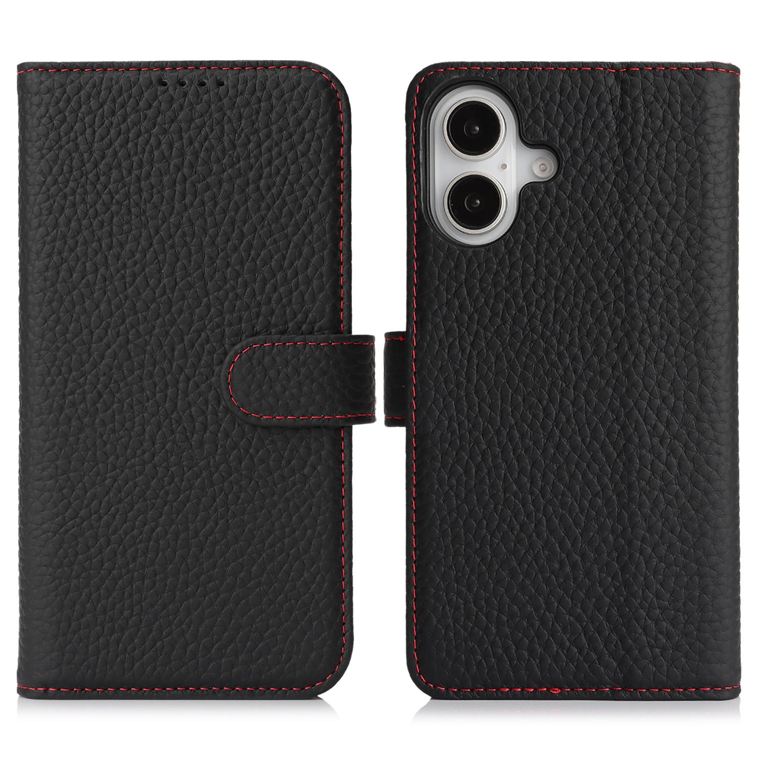 

Для iPhone 16 Чехол-подставка Текстура личи Натуральная коровья кожа Кошелек Чехол для телефона Блокировка RFID Black/Red