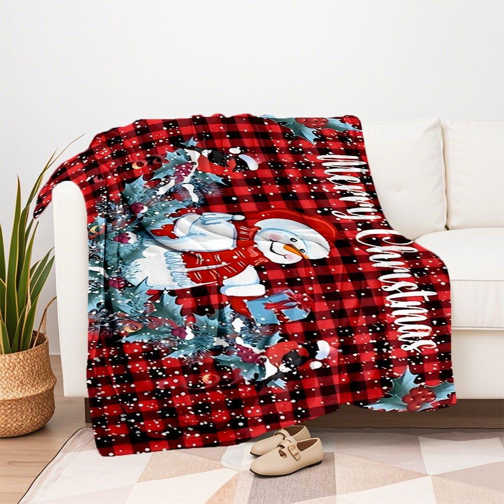 Christmas Snowman Buffalo Plaid Holiday Greeting CardBlanket Flannel Throw Blanket for Sofa, Bed, Travel, Camping, Office, Couch, Chair, And