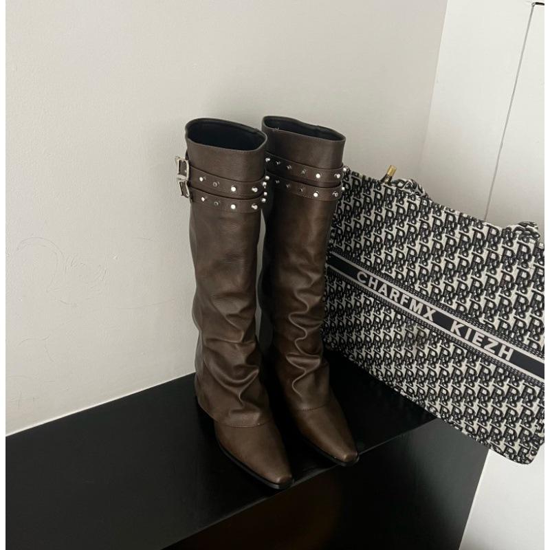 

2025 autumn and winter new retro rivet knight boots thin boots stacking boots long boots small women s boots trousers 40 темные хаки