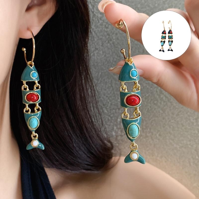 1 Pair Vintage Fish Tassels Enamel Long Hoop Earring for Women Gold Plated Alloy Lightweight Comfort for Casual and Party Wear