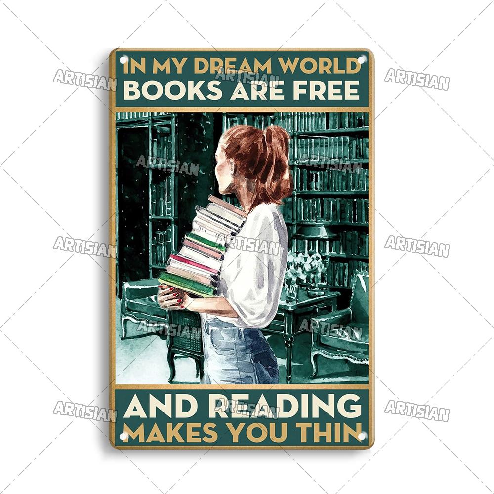Artisian Reading Vintage Metal Sign Read Book Tin Plaque Girl Loves Books Classic Decorative Poster Wall Decor Garage Bar Pub