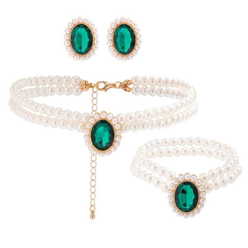 Luxurious imitation pearl crystal Choker necklace Set for Women Fashion Bracelet Earrings Jewelry Set for Wedding Bridal Sets