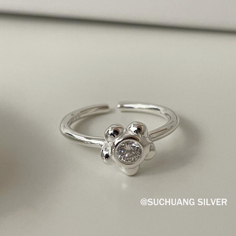 Sterling Silver Plum Blossom Diamond Adjustable Ring for Girls - Korean Style Open Adjustable