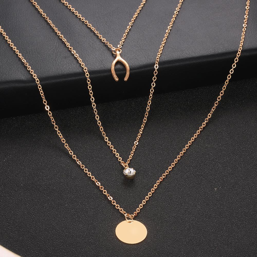 Classic Stacked Necklace, Fashionable Versatile And Sexy Multi-Layer Necklace, Wishing Bone Rhinestone Disc Pendant Neck Chain.