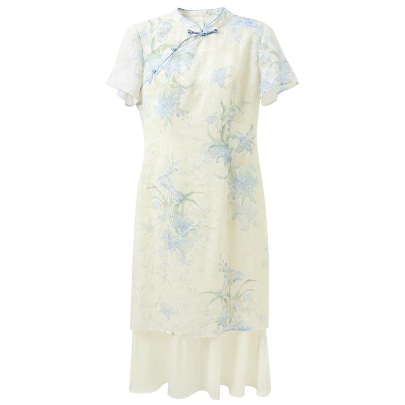 Sancai New Chinese Style Stand-Collar Slimming Floral Dress