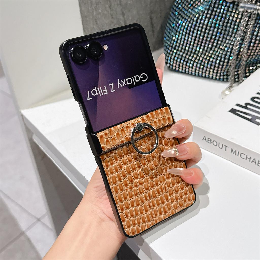 Custodia Nera in Pelle di Coccodrillo Portatile con Anello per Telefono per Samsung Galaxy Z Flip7 6 Flip 5 Flip6 Flip4 3 Flip7 FE Cover Posteriore
