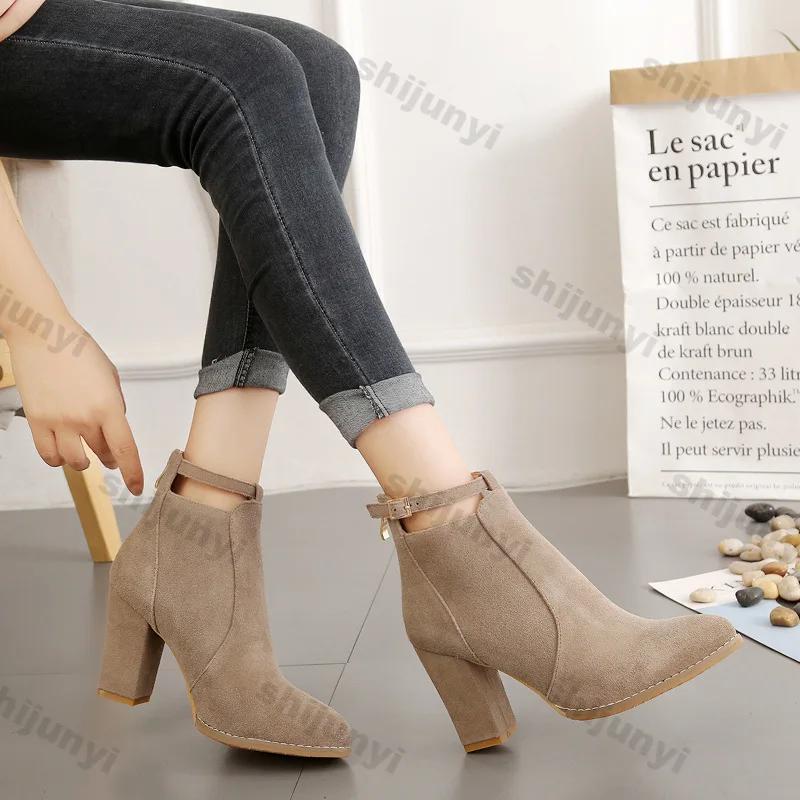 Fashion Woman Suede High Heel Ankle Boots British Style Fashion Thick Heel Pointed Back Zipper Boots Women Square Heeled Short Booties
