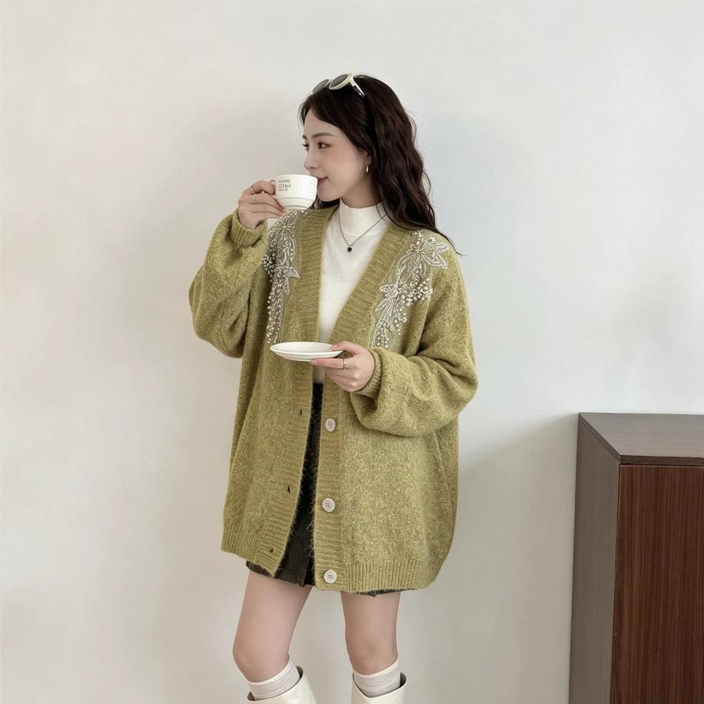 New Heavy Industry Sequins Single-breasted V-neck Lantern Sleeves Large Size Lazy Wind Sweater Cardigan Knitted Top Women