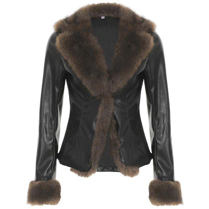 Podzimní a zimní dámský kožešinový límec Street Spice Style Volná kožená bunda Cardigan