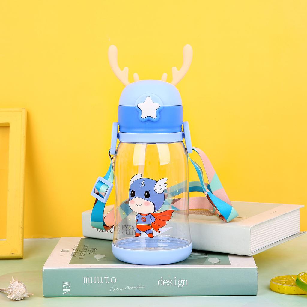 600ml Creative Antler Sippy Cup Water Bottle with Straw Portable Kids Leakproof Jug Outdoor Sports Bottles Children's Drinkware