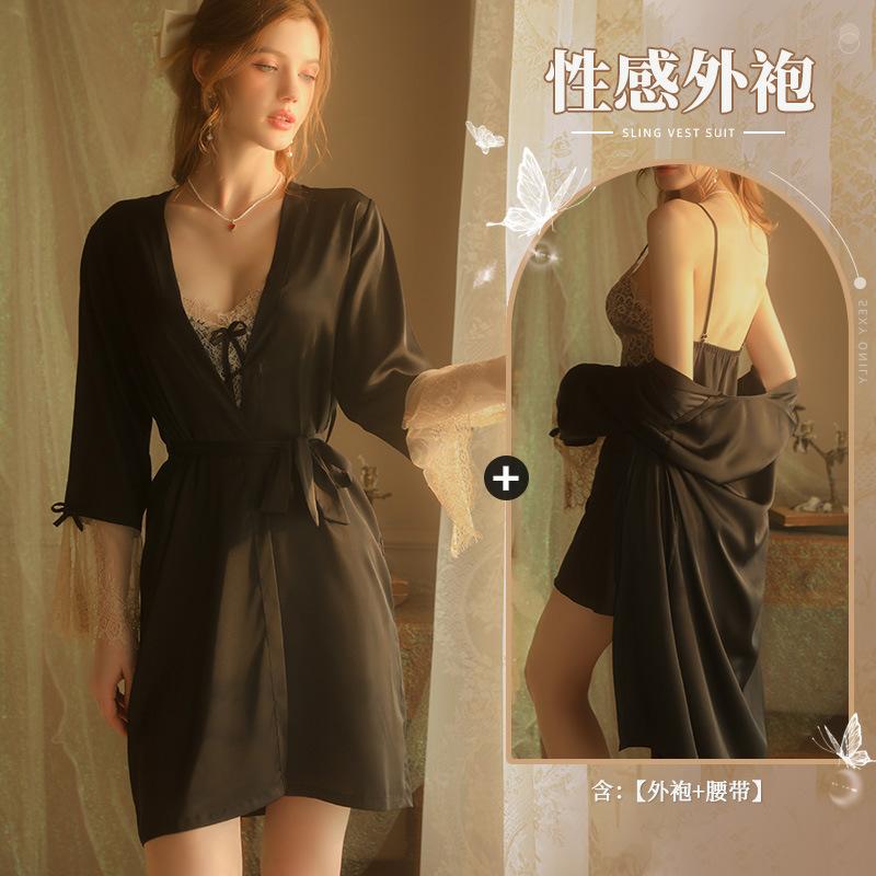 

Пижама Xianyi Женская Летняя Стиль Чистая Желанность Тонкое Кружево На Бретельках Сексуальное Ночное Платье Имитация Шелка Глубокий V Утренняя Мантия Комплект из Трех Предметов 464 average size