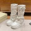 Fashion 8CM Patchwork Canvas Detachable Bling Western Boots Women Autumn High Platform Leather Mid Calf Boots Winter Short Chunky Boots