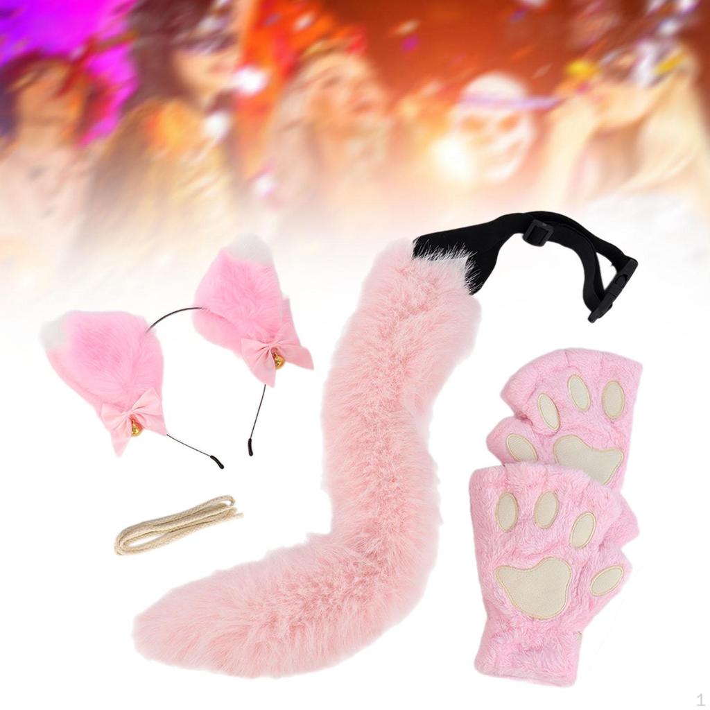 Plush Cat Ears Headband, Claws Gloves and Tail Set Costume Accessories for Party