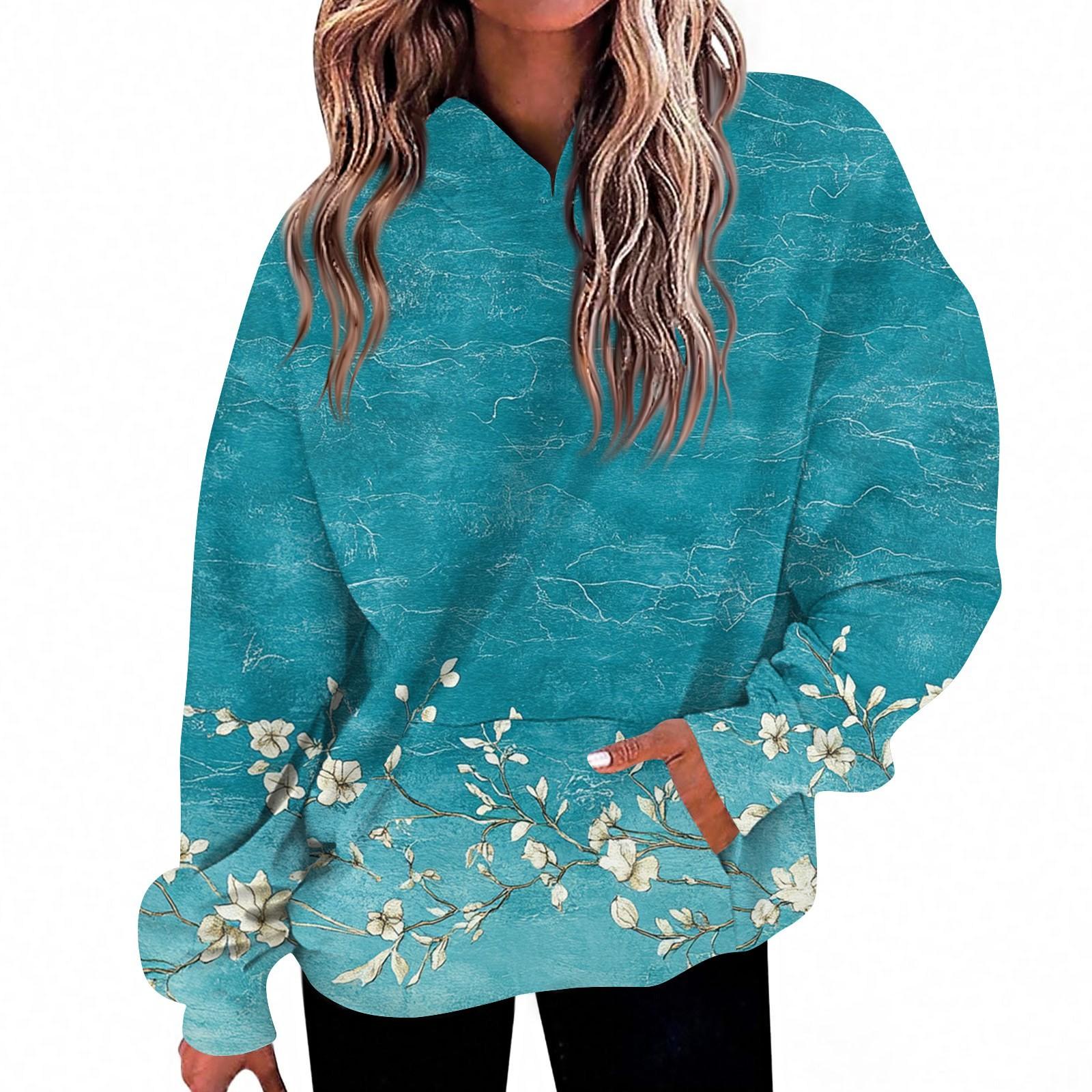 

Женская мода Повседневный топ с V-образным вырезом и длинными рукавами с принтом XXL циан